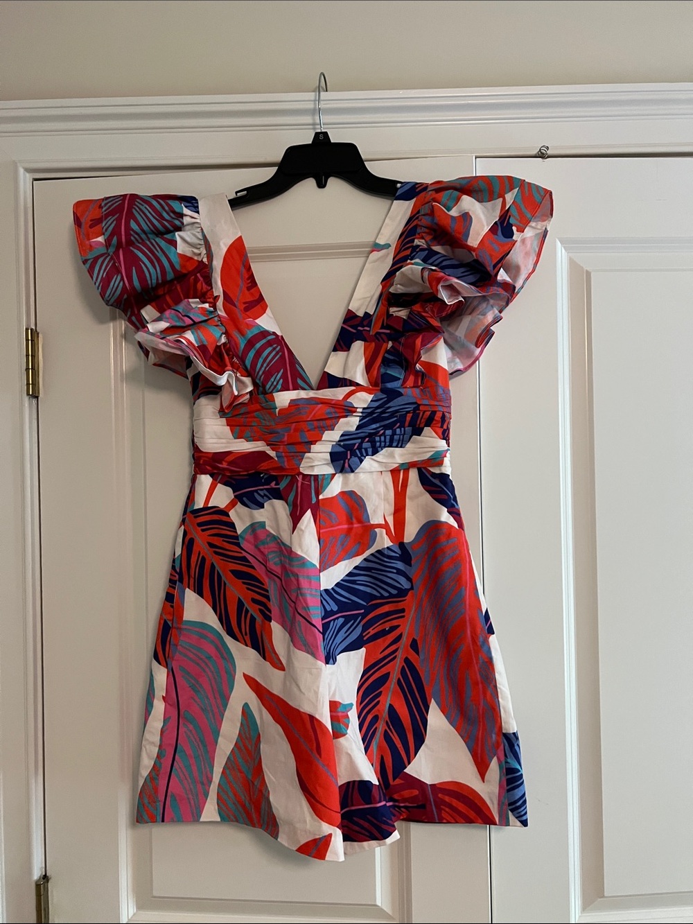 Hutch (from Anthropologie)Multicolor Tropical Leaf V-Neck Ruffle Romper